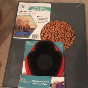 Pet placemat and massaging bath mitt for pets.